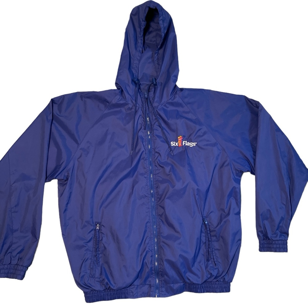 Vintage 1990’s Six Flags Hooded Rain Jacket Full Zip Closure Stitched Logo Blue